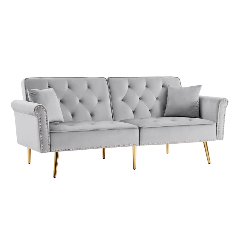 Velvet Tufted Sofa Couch with 2 Pillows and Nailhead Trim for Living Room, Entryway, Hallway, Office