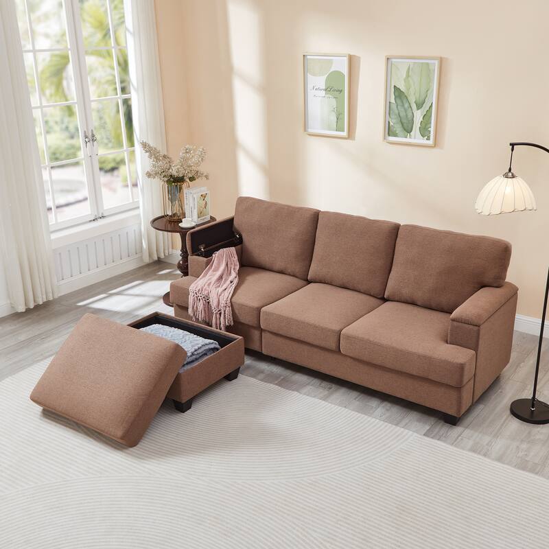 L Shaped 3 Seats Sofa with Armrest Organizer, Linen Sectional Sofa with Movable Ottoman, Comfy Upholstered 3 Seater Couch,