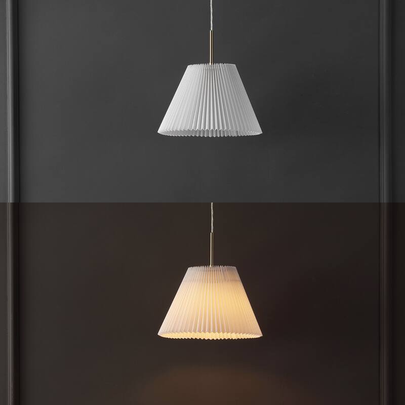 Boden 14.25" 1-Light Classic French Country Iron LED Pendant with Pleated Shade, Brass Gold/White, by JONATHAN Y