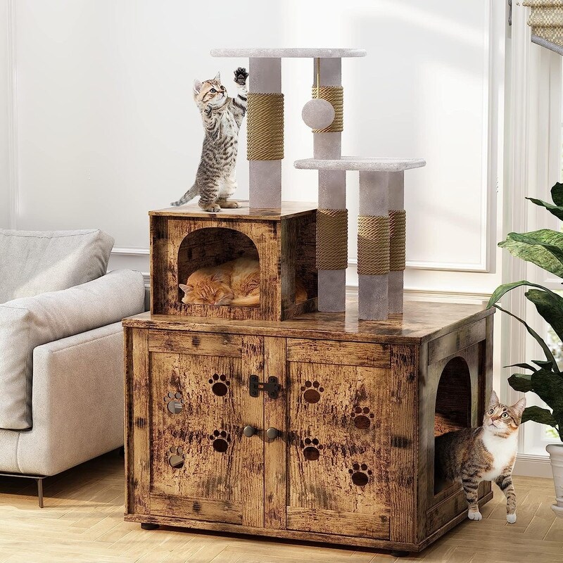Wooden Cat Litter Box Enclosure with Cat Tree Tower Large Hidden