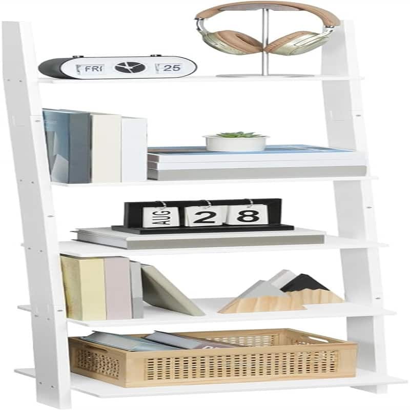 5 Tier Ladder Bookshelf Wall Leaning Ladder Shelf - 11.8"D x 15.7"W x 58.3"H