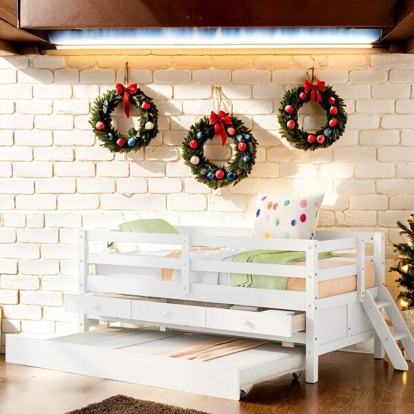 slide 2 of 35, Twin Size Low Bunk Bed with Storage Drawers and Trundle, No Box Spring Needed White