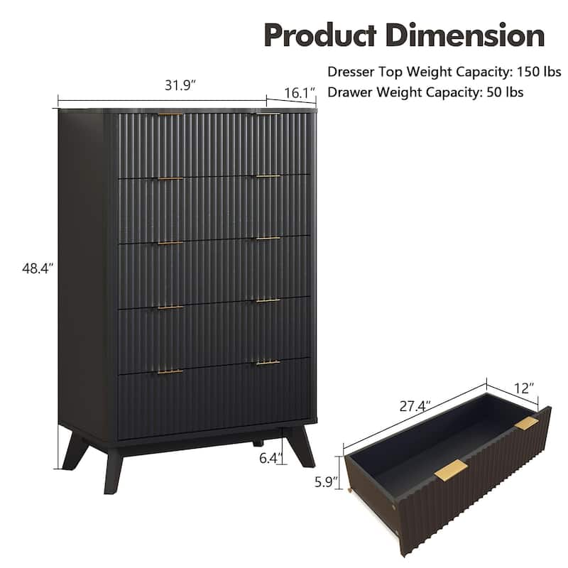 Modern 5 Chest of Drawers, Wood Dresser for Bedroom, Living Room