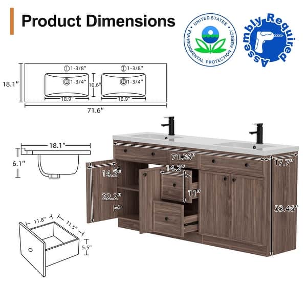 dimension image slide 6 of 10, 36"/48"/60"/72" Bathroom Vanity Set with Sink & Faucet