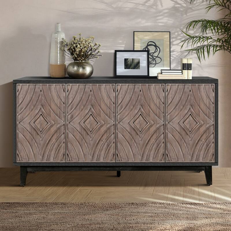 Mid Century Sideboard Buffet Cabinet With Solid Wood Legs 60" Kitchen Storage Cabinet Credenza - Antique brown