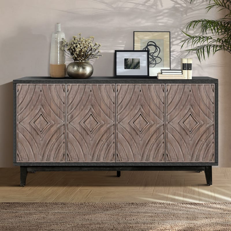 Mid Century Sideboard Buffet Cabinet with Solid Wood Legs 60" Kitchen Storage Cabinet Credenza with 4 Doors and 2 Shelves