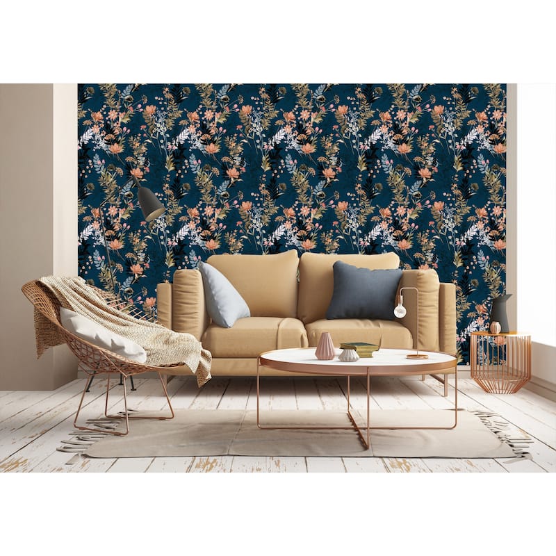 Autumn Navy/ Red/ Orange Flowers Removable Peel-and-Stick Wallpaper - 24'' inch x 10'ft