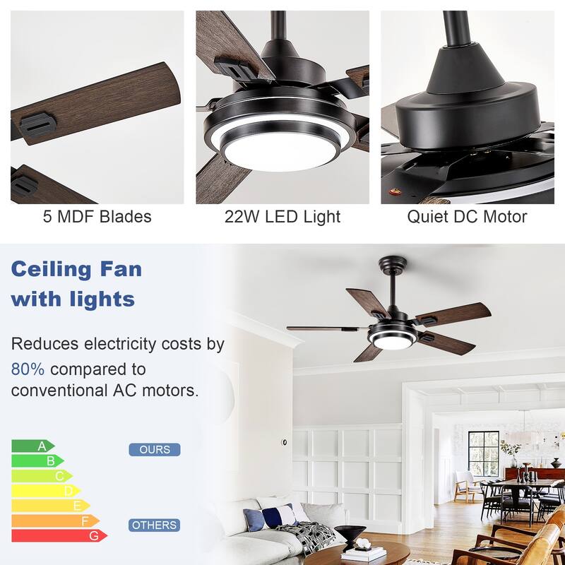 42-52Inch Ceiling Fan with Light: with 5 Blades Dual Finish Reversible - with Remote Control for Living Room Outdoor Patios