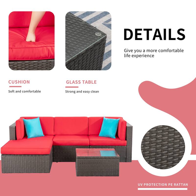 Futzca 5-Piece PE Wicker Patio Furniture Set with Red Pillows