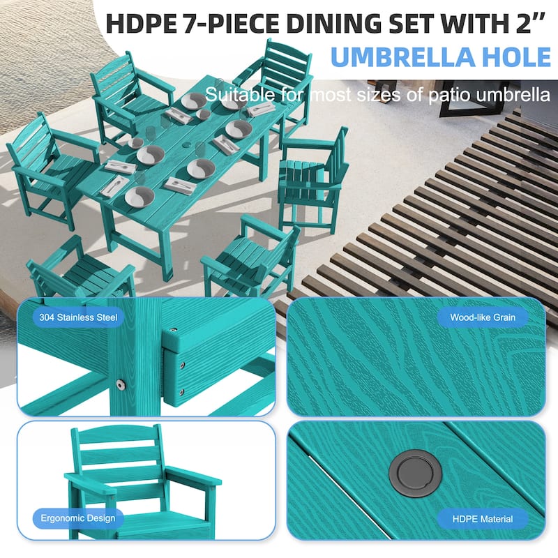7-Piece HDPE Outdoor Dining Table Sets with Umbrella Hole - 1-Table 6-Chairs