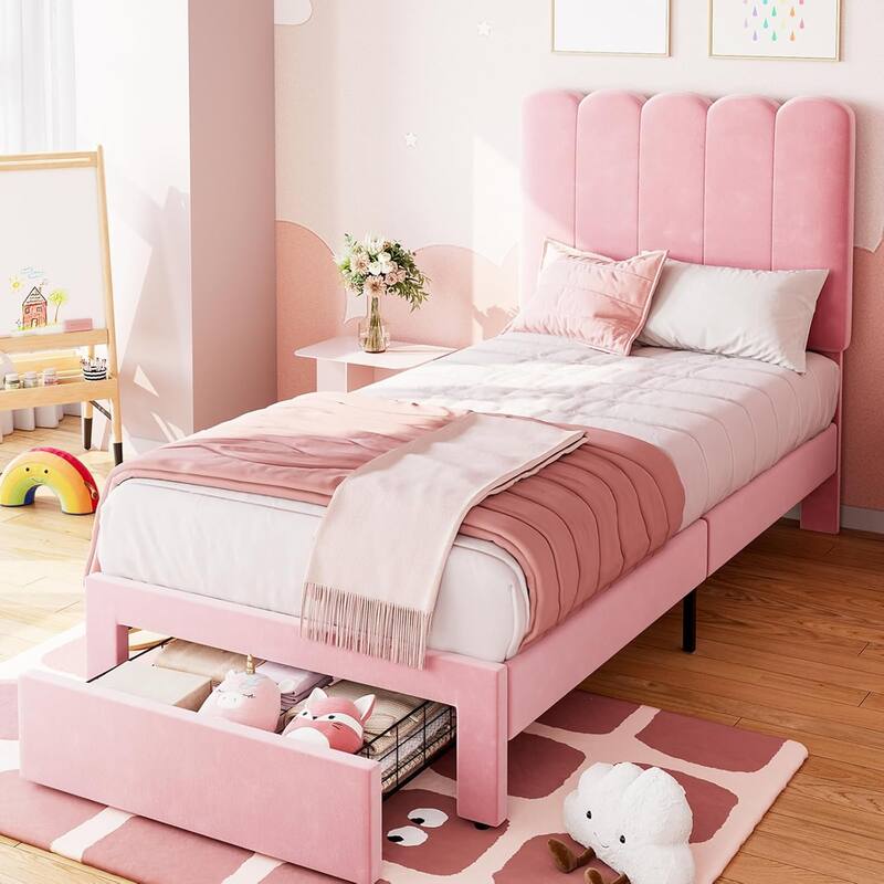 Twin Bed Frame with Storage Drawer and Headboard - Pink