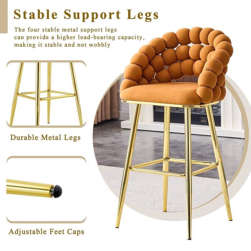 Set of 2 Puffy Bubble Chair Ball Chain Chair Velvet Bar Stools with Gold Legs, Modern Tufted Accent Bar Chairs