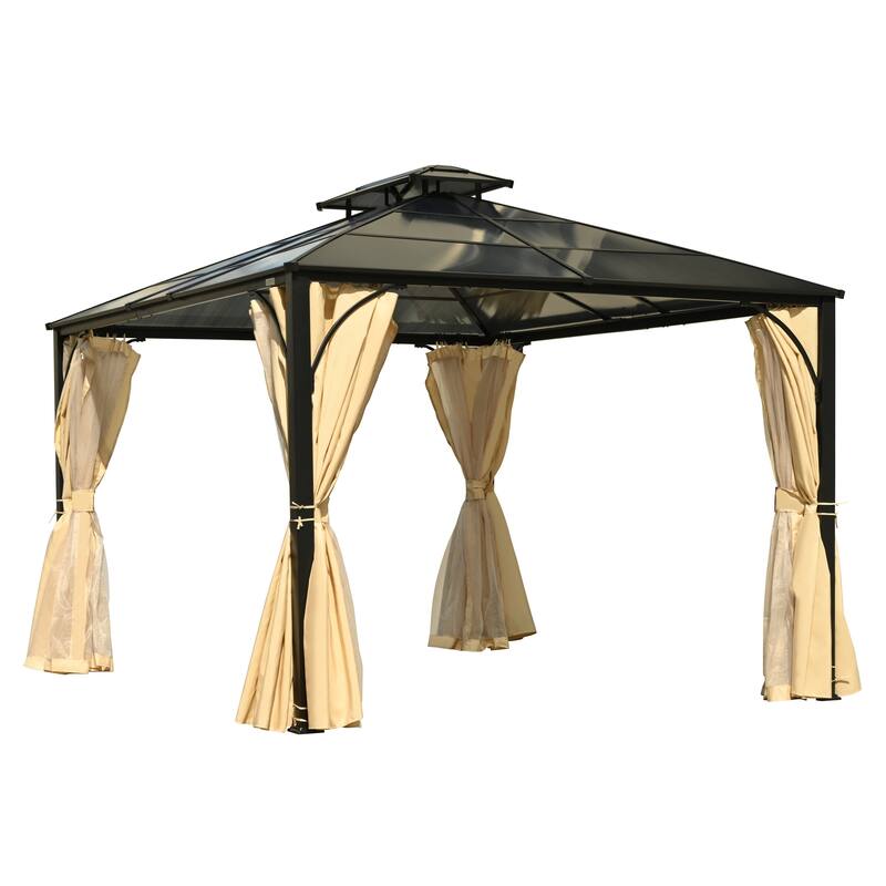 10'x12'Hardtop Outdoor Gazebo,Double Roof Gazebo with Aluminum Frame,Double-Layer Side Walls Mosquito Netting &Privacy Curtains