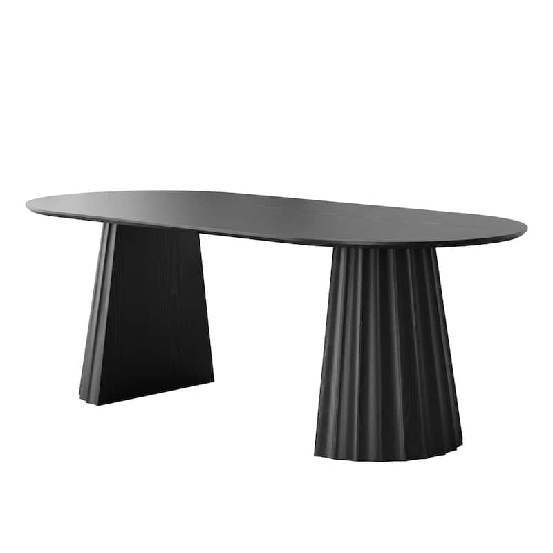 Modern Oval Wooden Dining Table - 79" Large Size, Sturdy Fluted Base, Natural Oak Finish for Dining Room