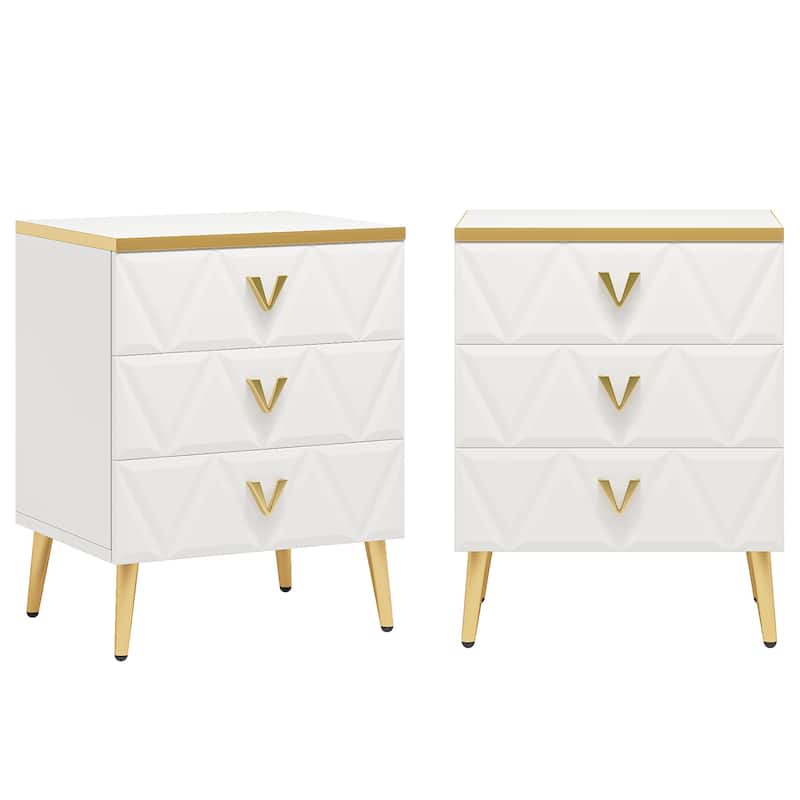 Pack of 2 Modern 3-Drawer Nightstand, White Gold Sofa End Table Bedside Table with Storage - White and Gold