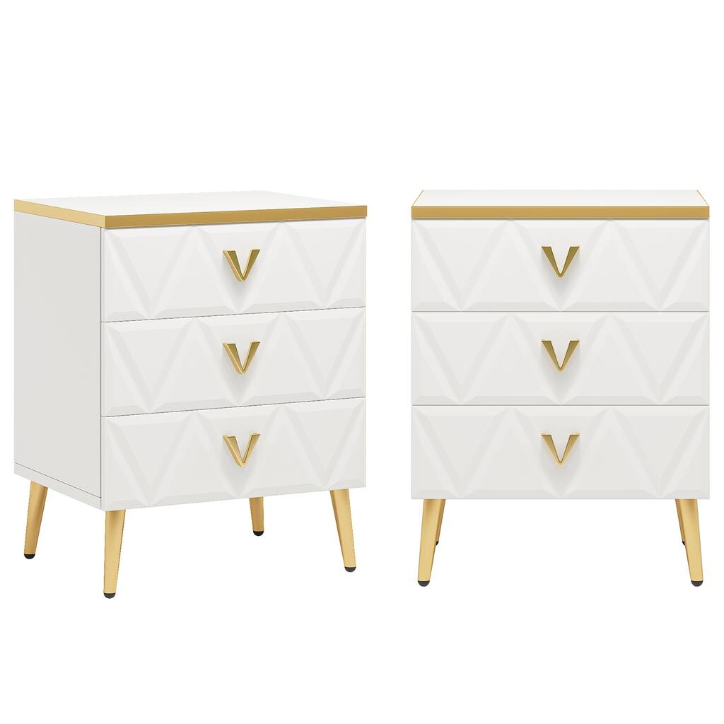 Pack of 2 Modern 3-Drawer Nightstand, White Gold Sofa End Table Bedside Table with Storage