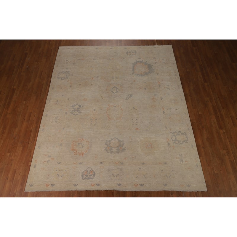 Vegetable Dye Oushak Turkish Area Rug Handmade Beige Wool Carpet - 8'0"x 9'10"