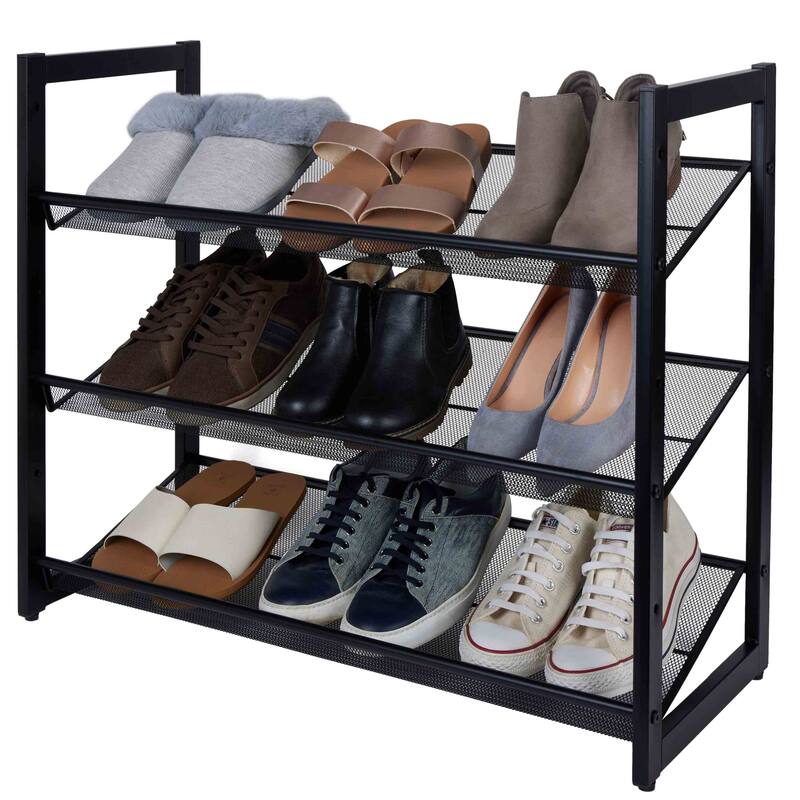 Organize It All 3 Tier Adjustable Mesh Shoe Rack in Black