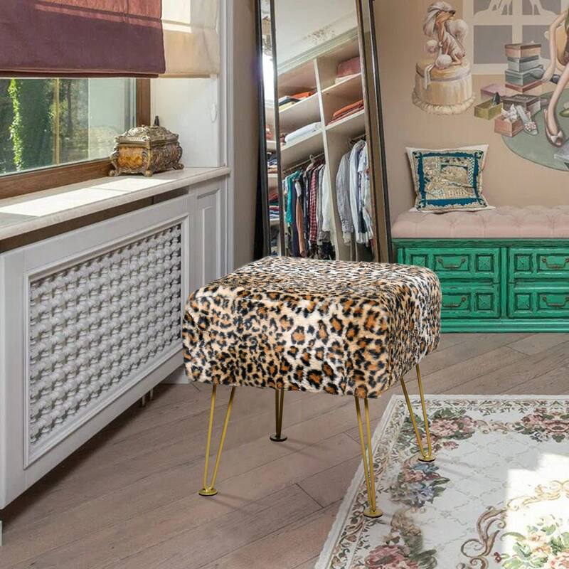 Home Soft Things Leopard Fauxfur Ottoman with Gold Metal Legs