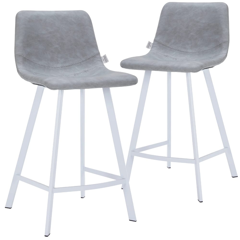 Elland Mid-Century Modern Leather Counter Stools (Set of 2) - Minimalist Monochrome Design with White Stainless Steel legs
