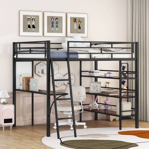 slide 2 of 34, Loft Metal Bed with 3 Layers of Shelves and Desk, Stylish Metal Frame Bed with Whiteboard Black - Full