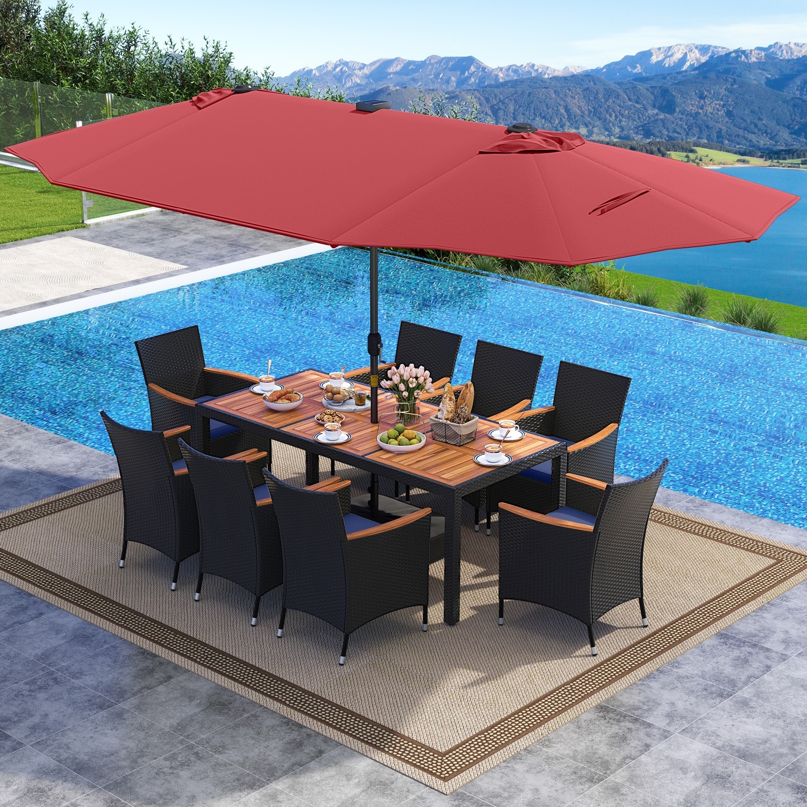 Gymax 11 PCS Patio Dining Set w/ 15ft Double-Sided Patio Umbrella