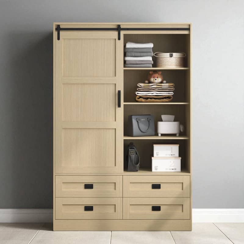 Tall Wardrobe Armoire with Hanging Rod, Barn Door, 4 Drawers, and Open Shelves, MDF Clothing Storage Cabinet for Bedroom - Wood