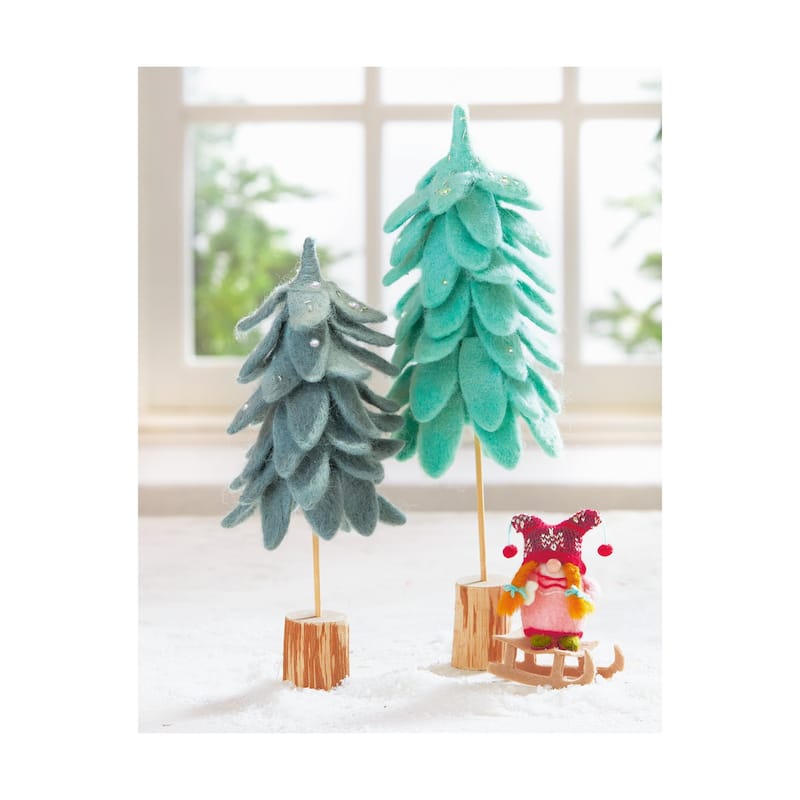 Wooly Felt Christmas Tree with Log Base - Small Dark Green Holiday Decor Figurine, 13" H x 3.5" L x 3.5" W