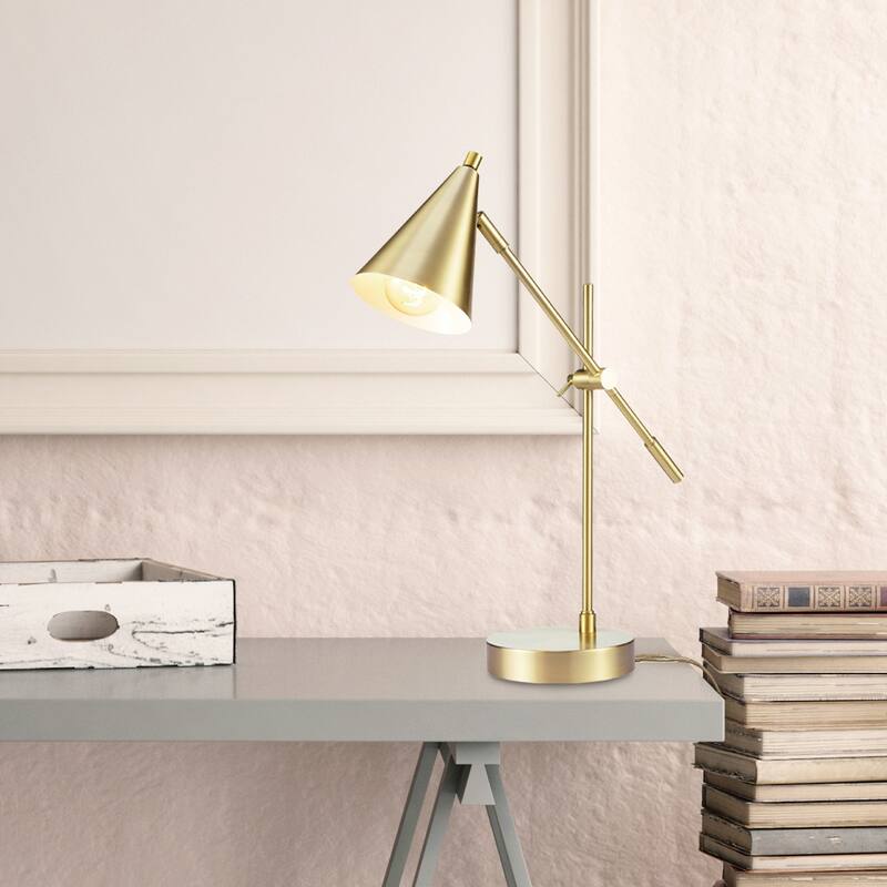 Novogratz x Globe Tacoma 18" Desk Lamp, Matte Brass, Adjustable Height, Balance Arm, Brass, Rotary Switch on Shade