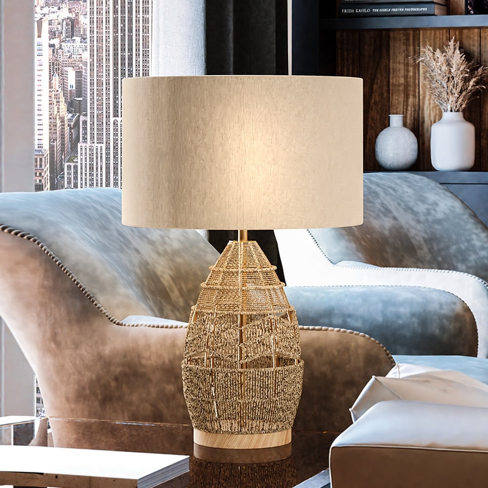 Luxury Scandinavian Table Lamp, 15.5''W x 15.5''D x 25''H, with Modern-Farmhouse Elements, Natural Brown Finish and Linen Shade