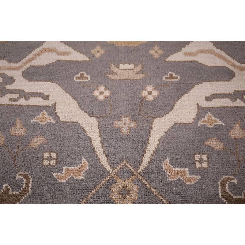 Gray Oushak Indian Rug Hand-Knotted Transitional Floral Wool Carpet - 9'1"x 11'7"