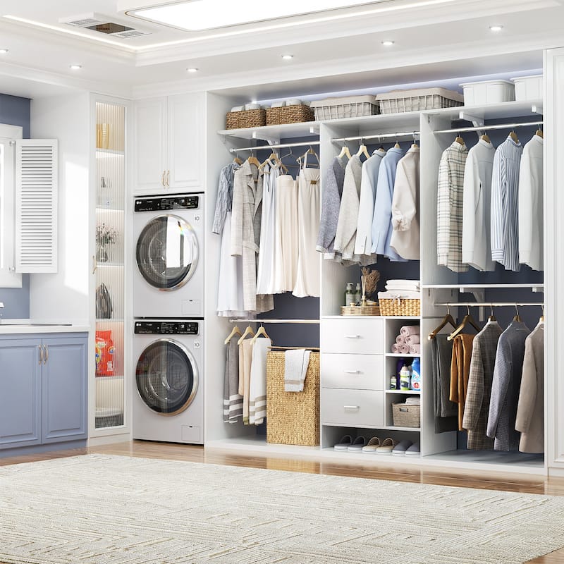 Rackcog 96'' W Closet Organizer with Drawers and Hanging Rods, Wardrobe Closet System (can be cut to fit)