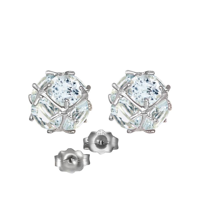 14K Solid Gold Stud Elegant Gemstone Earrings w/ Natural Aquamarines