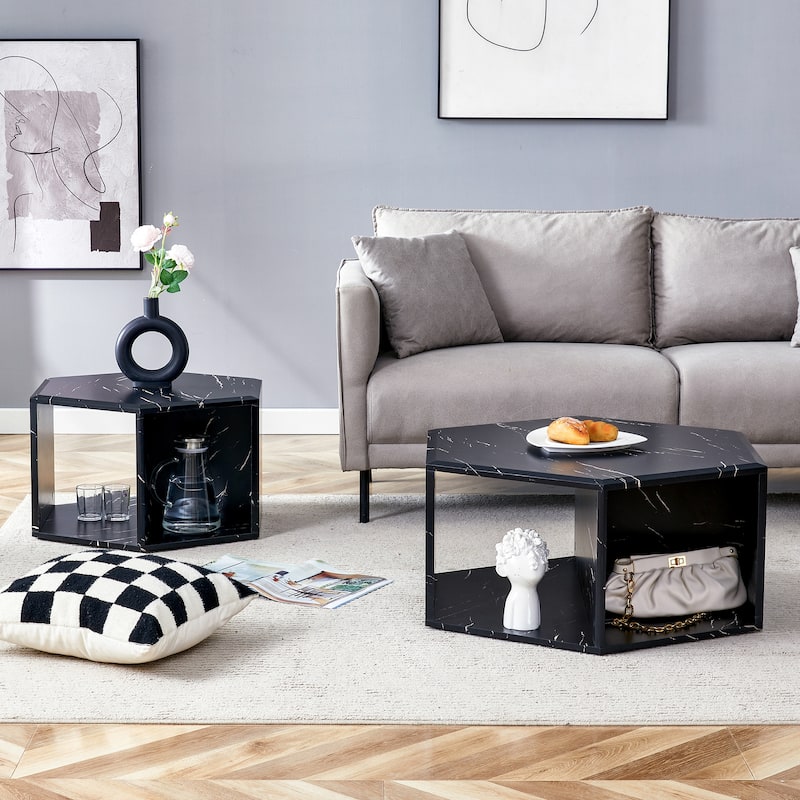 Roomfitters Set of 2 Hexagonal MDF Coffee Tables with Black Pattern Finish, Modern Storage Design for Living Room