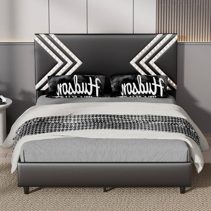 Mixoy Gaming Bed with Lights,Boys LED Bed Frame,Black PVC Leather Upholstered Headboard,Bed Frame for Gamers