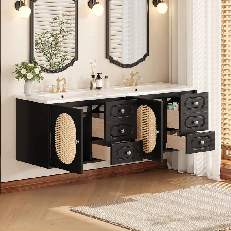 30" Bathroom Vanity with Ceramic Sink, Mid-Century Bathroom Vanity Cabinet with 2 Drawers