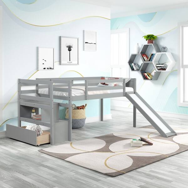 slide 2 of 9, Gray Twin Size Solid Wood Low Loft Bed with Stairs and Slide for Kids, Boys and Girls Gray