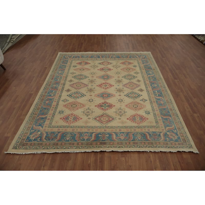 Hand Knotted Oriental 100% Wool Carpet Traditional Geometric Beige & Ivories Kazak Area Rug - 9' 10'' X 8' 0''