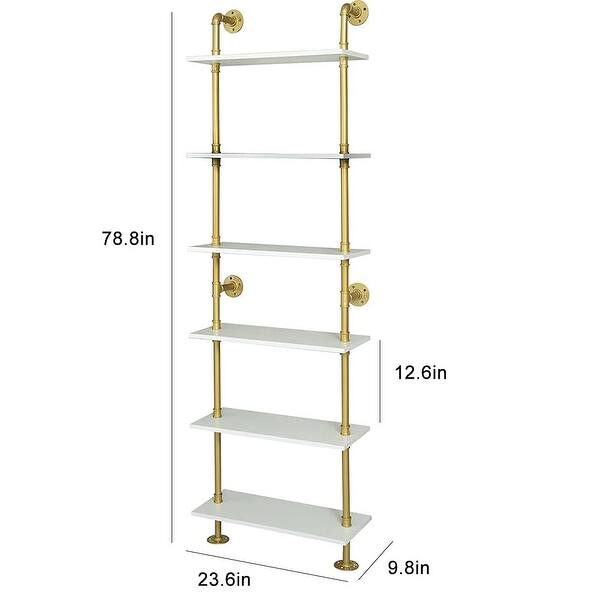Industrial Gold Bookshelf-6 Tier Wall Mounted Ladder Bookshelf, Rustic ...