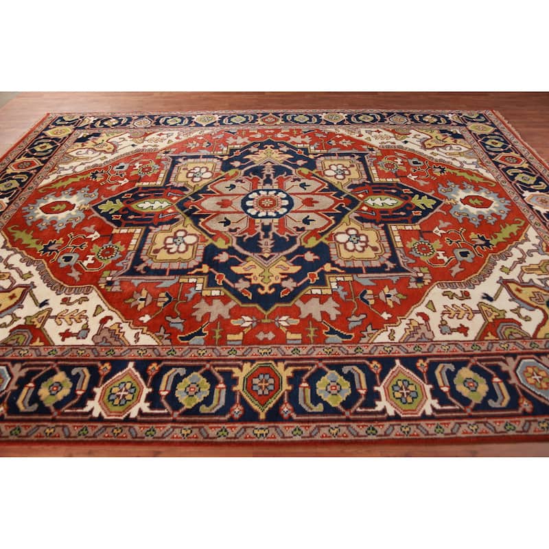 Geometric Orange Heriz Serapi Oriental Rug Hand-Knotted Wool Carpet - 9'0" x 11'10"