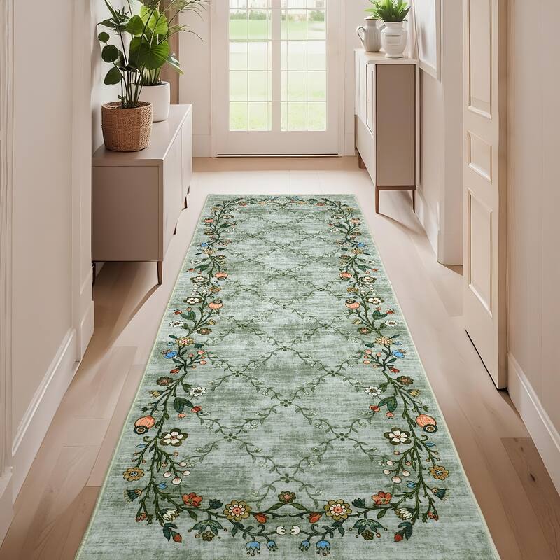 Floral Area Rugs for Living Room Low Pile Non Slip Rugs Washable Soft Foldable Accent Carpet Home Decor