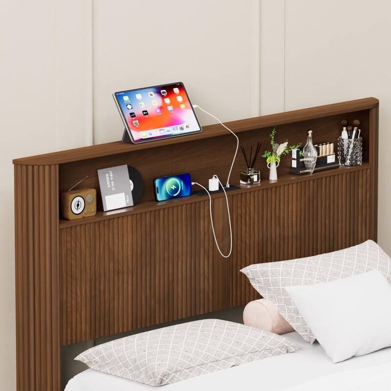Queen Size Silent Operation Bed Frame with Headboard and Charging Station