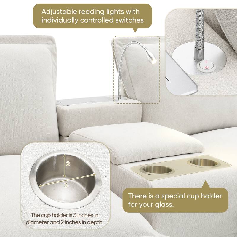 Cloud Sectional Sofa wConsole, USB, Reading Light, Cup Holder, Ottoman