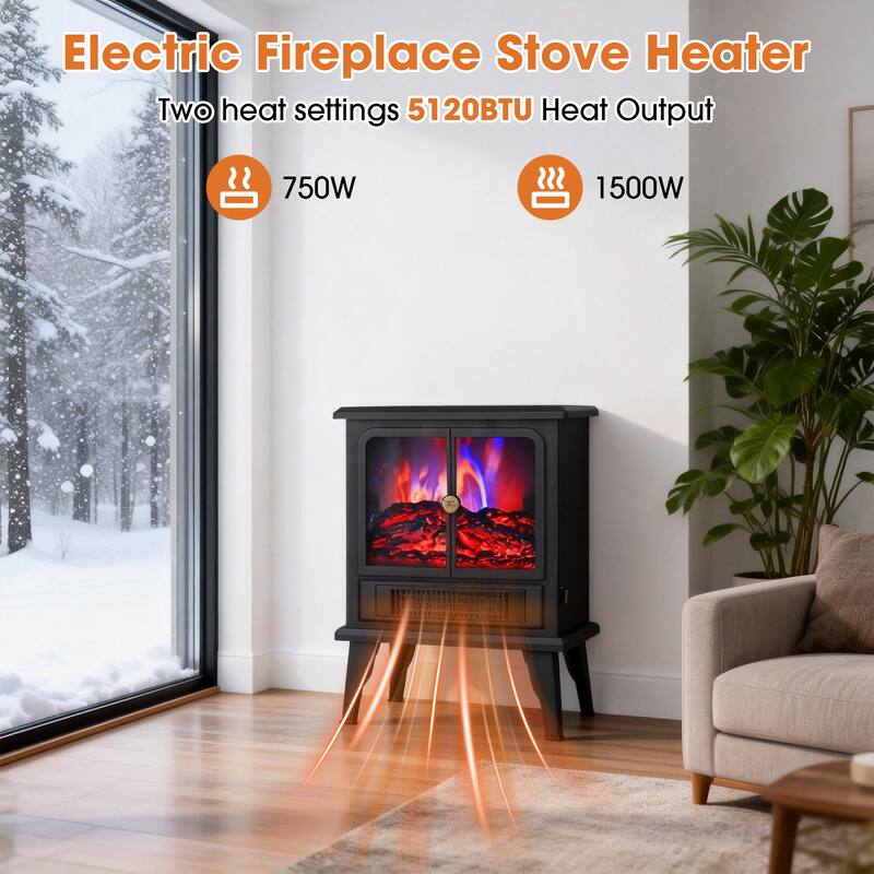 1500W Freestanding Electric Stove Fireplace Heater with Realistic Flame and Overheat protection - 14" L x 8.11" W x 18.9" H