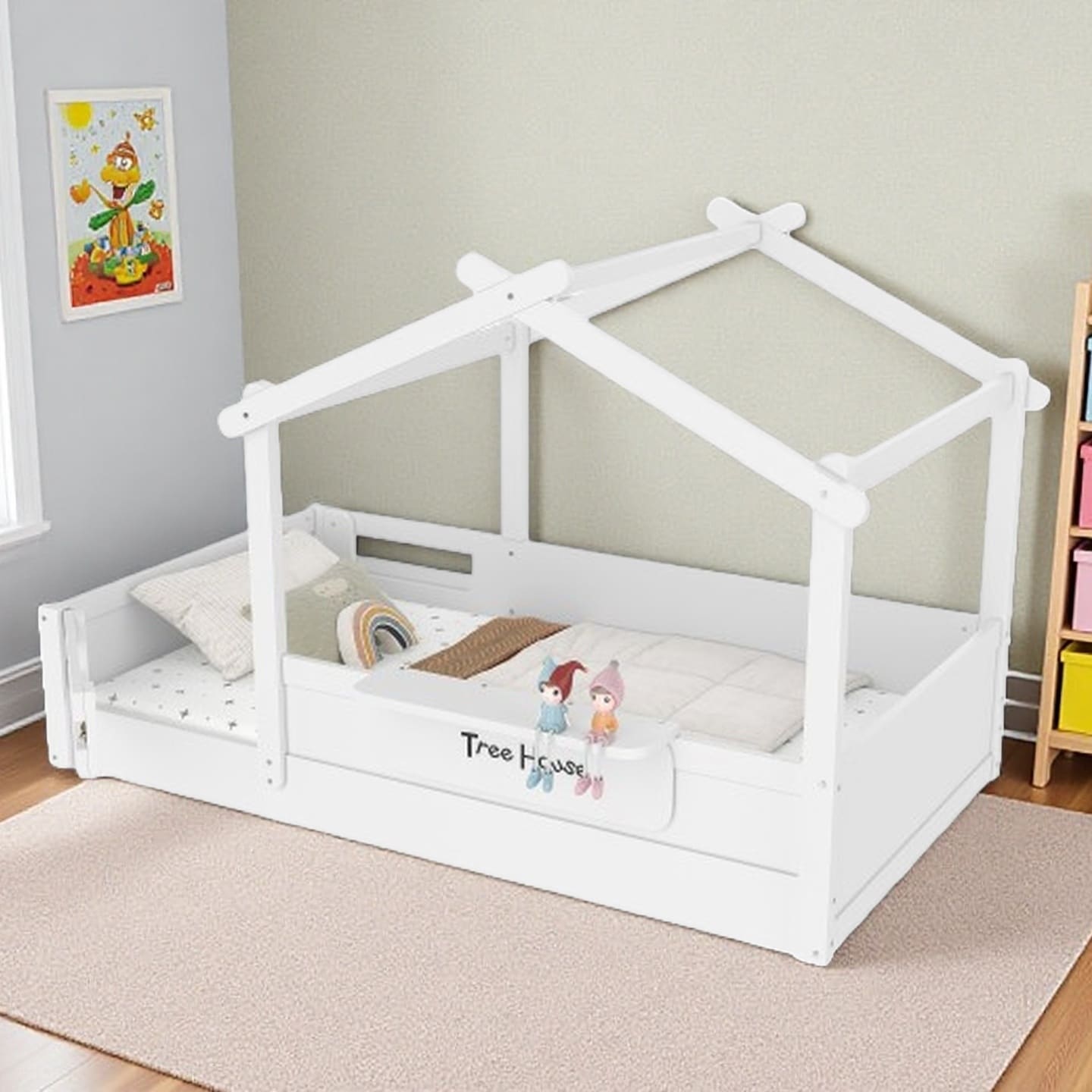 Twin House Floor Bed with Roof and Guardrails, Montessori Low-Profile Design, Built-in Tray and Customizable Signboard