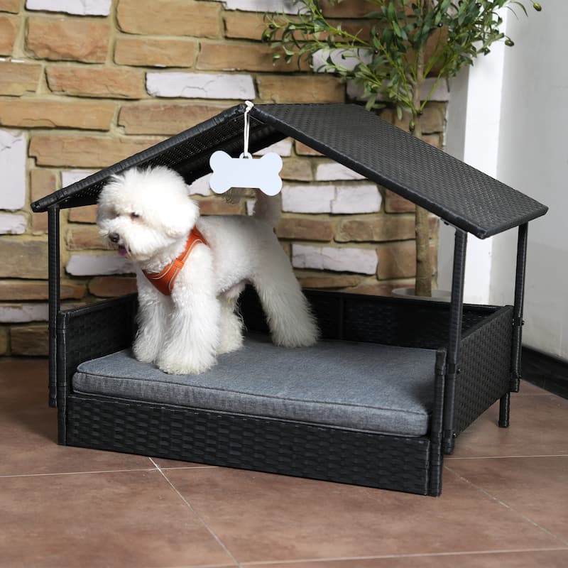 Outdoor Cushioned Wicker Dog House Pet Bed - Grey/Black