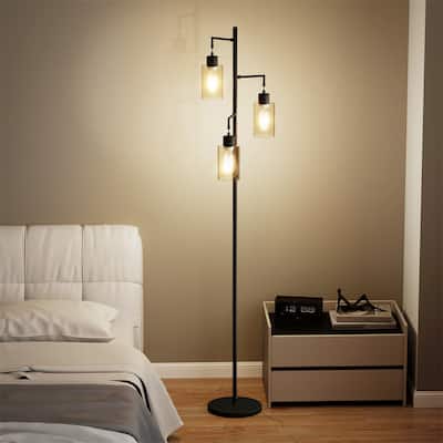 67" 3-Light Tree-Shaped Floor Lamp - Glass Lampshades & Foot Switch