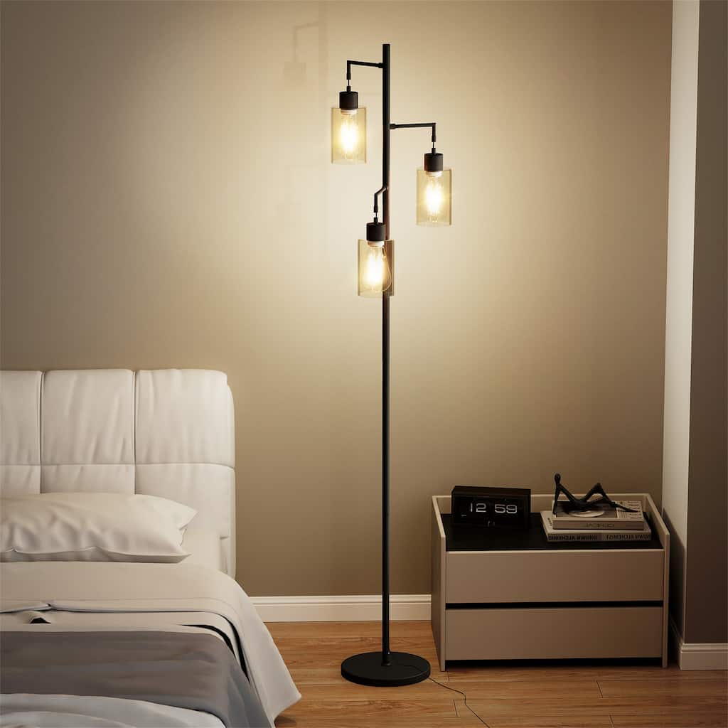 67" 3-Light Tree-Shaped Floor Lamp - Glass Lampshades & Foot Switch