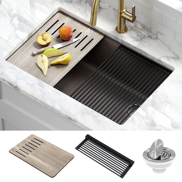 slide 110 of 123, KRAUS Bellucci Workstation Undermount Granite Composite Kitchen Sink 29" L x 19" W (sink KGUW2-30MBR) - Metallic Brown
