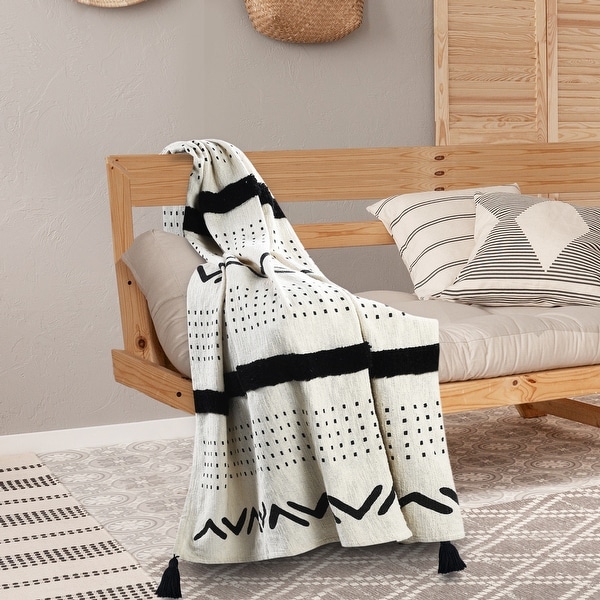Cream/Black Large Cotton Throw Black striped 100% Cotton Throw Blanket Tassel Throw 4 side fringes, Turkish Throw Gifts for home